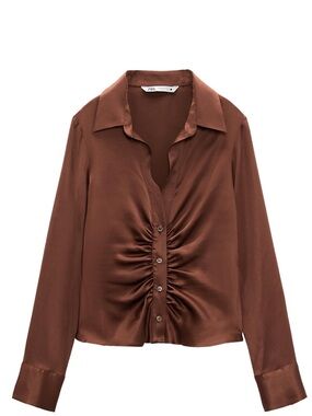 Zara Chocolate Brown Satin Ruched Button-Down Blouse